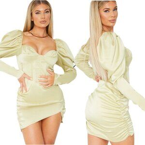 NWT PrettyLittleThing Puff Sleeve Corset Bodycon Mini Dress Womens 6 Olive Green